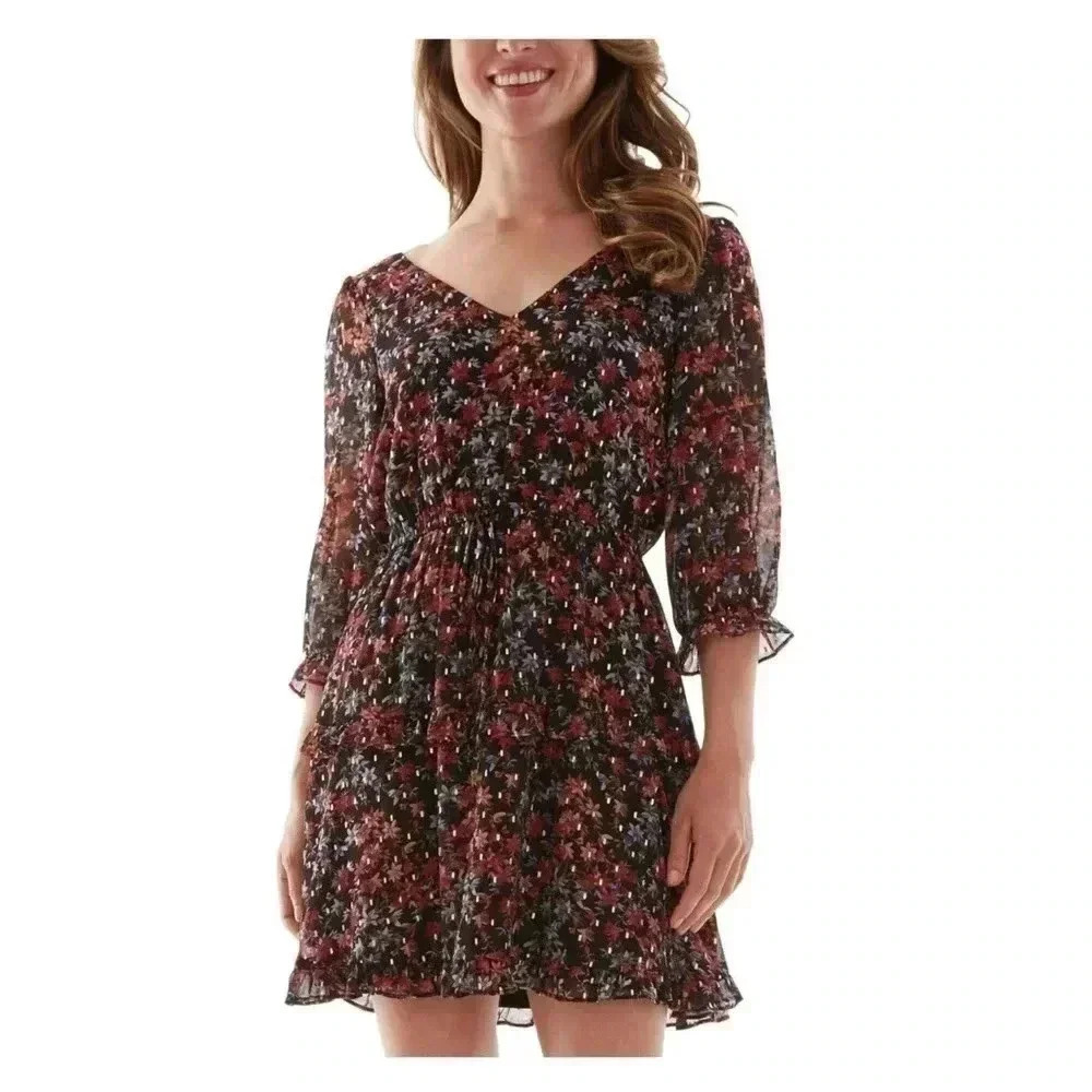 BCX dress black ruffled metallic sheer lined